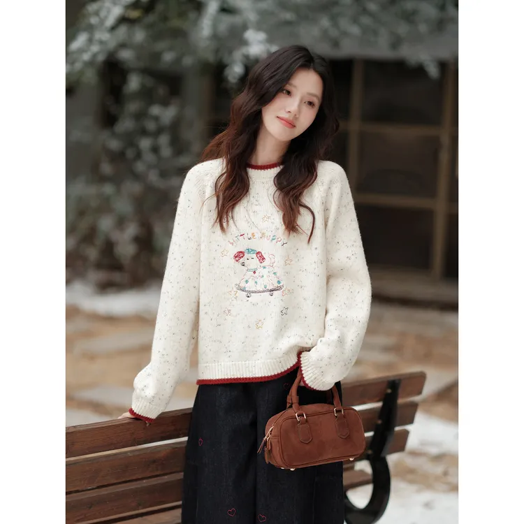 木易易 圣诞卡通刺绣撞色小狗针织衫女冬季温柔风内搭杂色毛衣