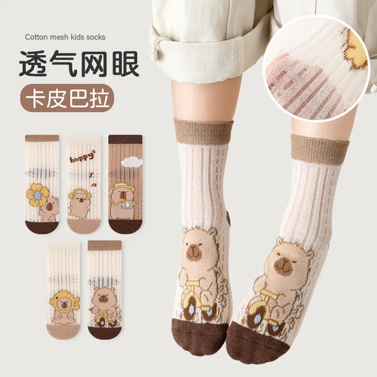 儿童袜子夏季薄款男女童透气卡丝网眼款夏天卡通卡皮巴拉防臭短袜