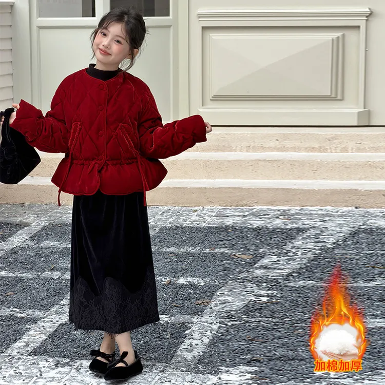 女童丝绒夹棉外套2026新款儿童红色加厚拜年服丝绒半身裙两件套