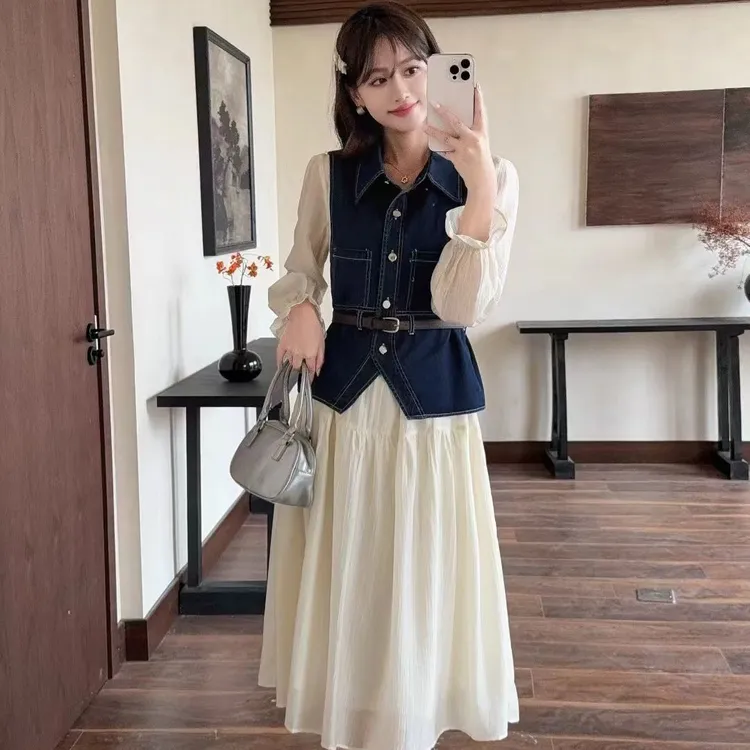 法式轻奢设计感牛仔马甲连衣裙套装气质减龄显瘦