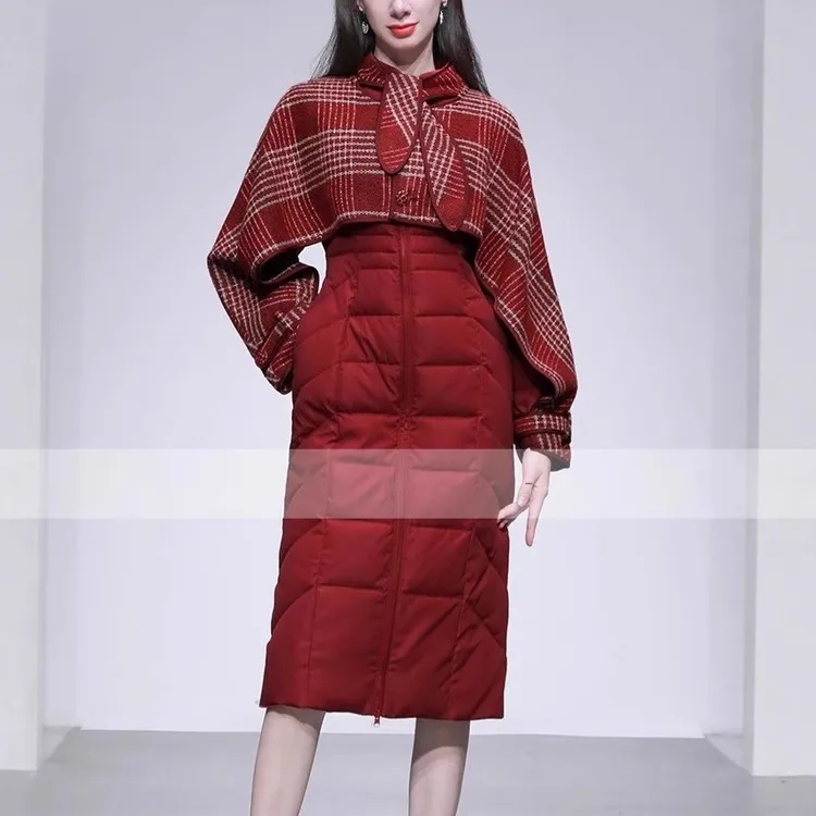 冬季新款轻奢系带设计粗花呢拼接披风式收腰直筒羽绒服女款外套