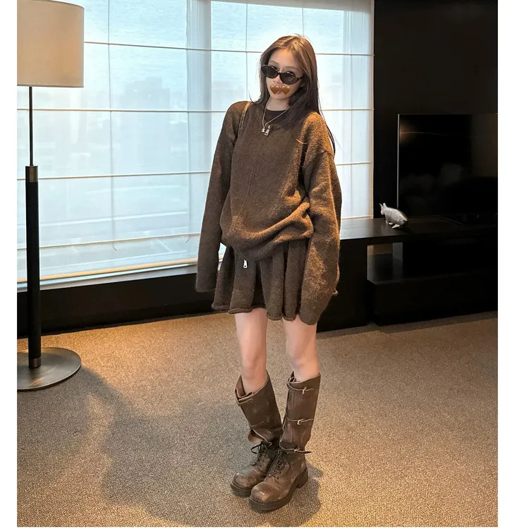 慵懒温柔毛衣套装开衫短裙+立体分割线打底T恤秋冬C 9755#