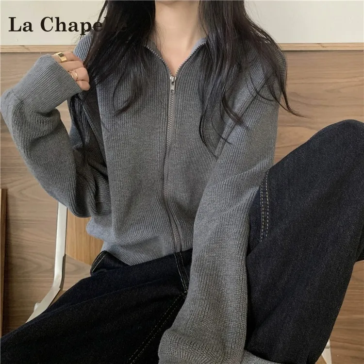 拉夏贝尔灰色针织开衫女春秋2025新款美式复古翻领高级感上衣外套