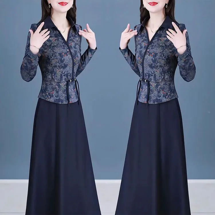 中年妈妈时尚洋气礼服裙休闲春秋新款假两件套减龄rov适合连衣裙