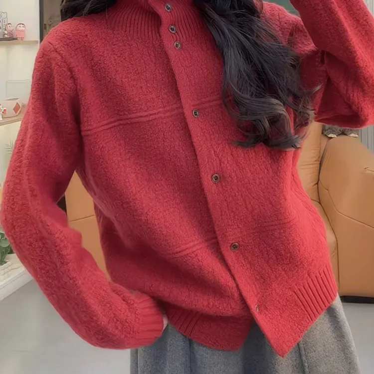 欧洲站秋冬新款半高领单排扣宽松慵懒风针织衫女毛衣外套百搭上衣