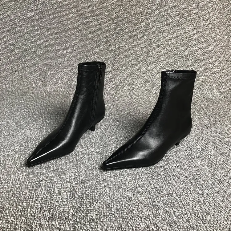 露涵思 羊皮版！尖头短靴女2025秋冬新款女靴侧拉链中跟瘦瘦靴4cm