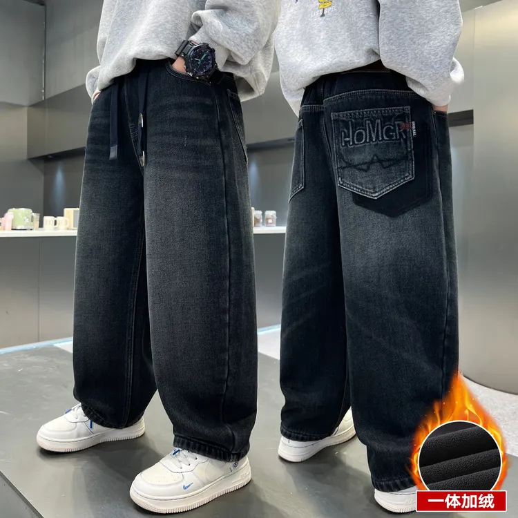 男童冬装一体绒牛仔裤男孩儿童裤子加绒2025新款冬季中大童休闲裤