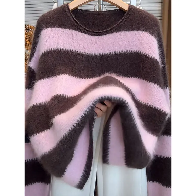 慵懒感撞色条纹针织衫女2025冬季新款宽松显瘦减龄毛衣保暖上衣潮
