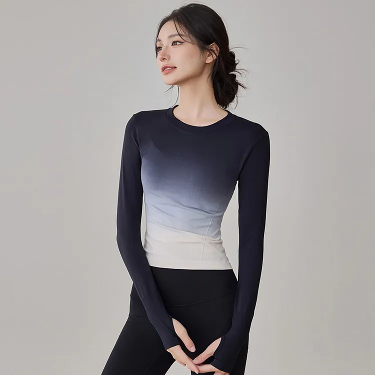 高颜值专业运动上衣瑜伽服渐变色时尚速干长袖t恤健身跑步打底衫