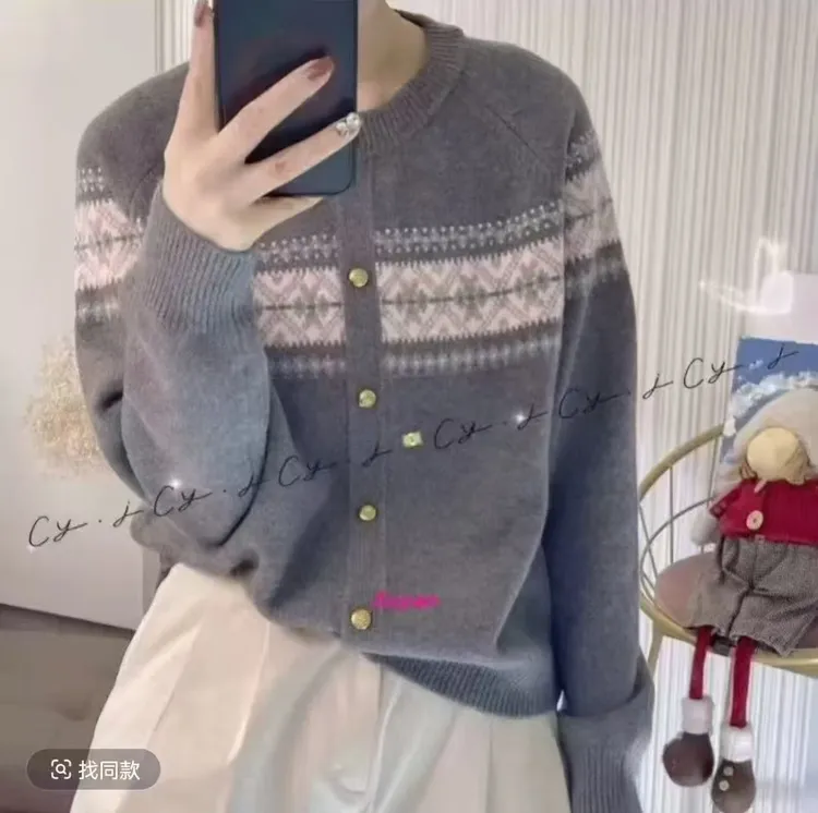 402-【费尔岛开衫】灰色高级保暖气质针织女衫上衣秋冬针织衫百搭