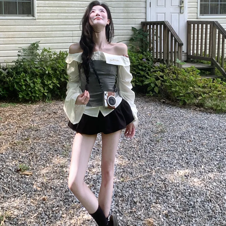 新款拼接一字肩长袖衬衫女秋季新款绑带设计感收腰上衣半裙套装女