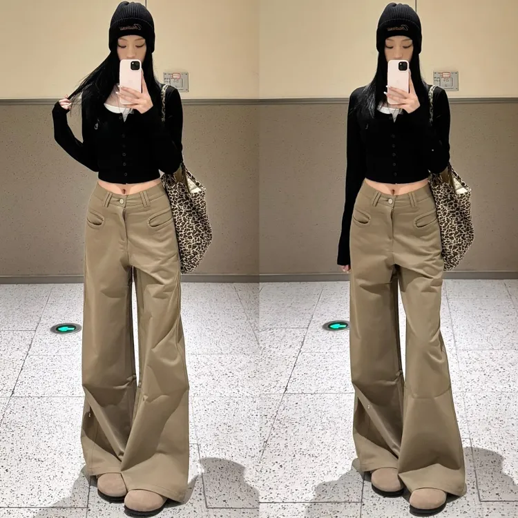 裤长112cm加长高个子卡其色西装休闲裤女宽松高腰显瘦阔腿拖地裤
