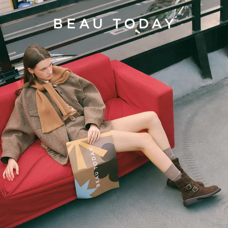 BeauToday【牛皮】双搭扣时尚短筒靴 复古反绒百搭休闲拉链女款靴子