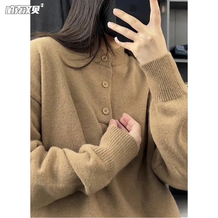 慵懒风针织衫男女款秋季纽扣半高领纯色毛衣宽松百搭内搭打底衫