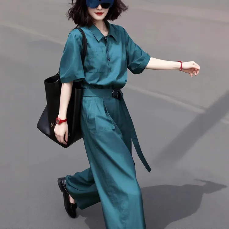 孔雀蓝别致独特穿搭一整套洋气超好看高级别致独特衬衫套装裤女装