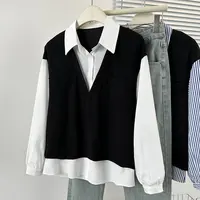 9825大码女装MM秋季新款经典黑白拼接宽松落肩显瘦休闲假两件衬衣