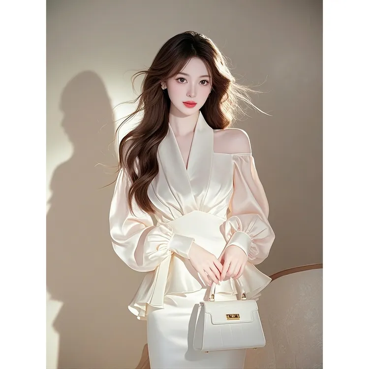 设计感超好看白色挂脖露肩缎面衬衫2025女春新款小众独特别致上衣