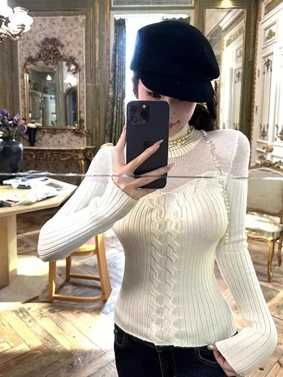 港式小香风收腰显瘦打底针织衫上衣女秋冬半高领镂空麻花套头毛衣