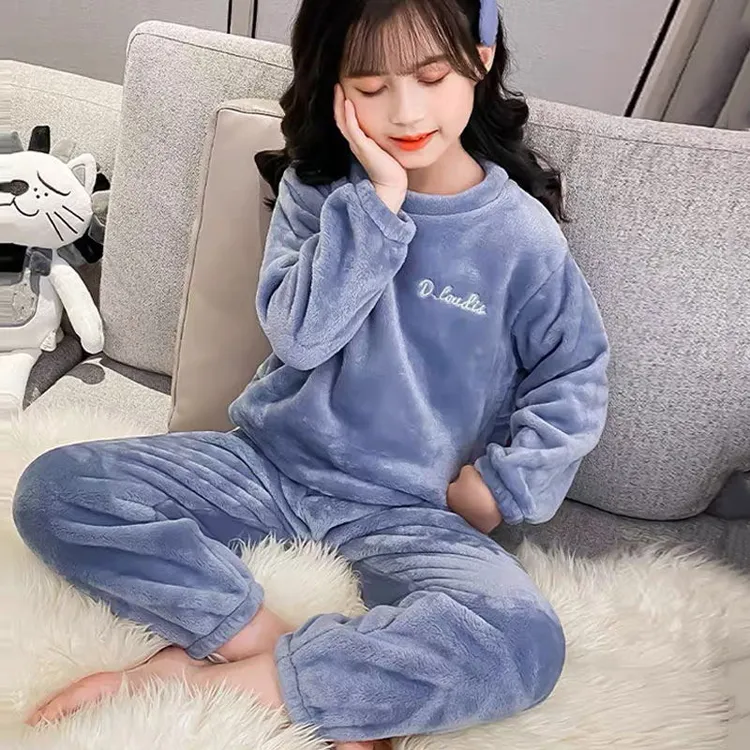冬季男童女童睡衣珊瑚绒加厚中大童保暖法兰绒家居服纯色暖暖套装