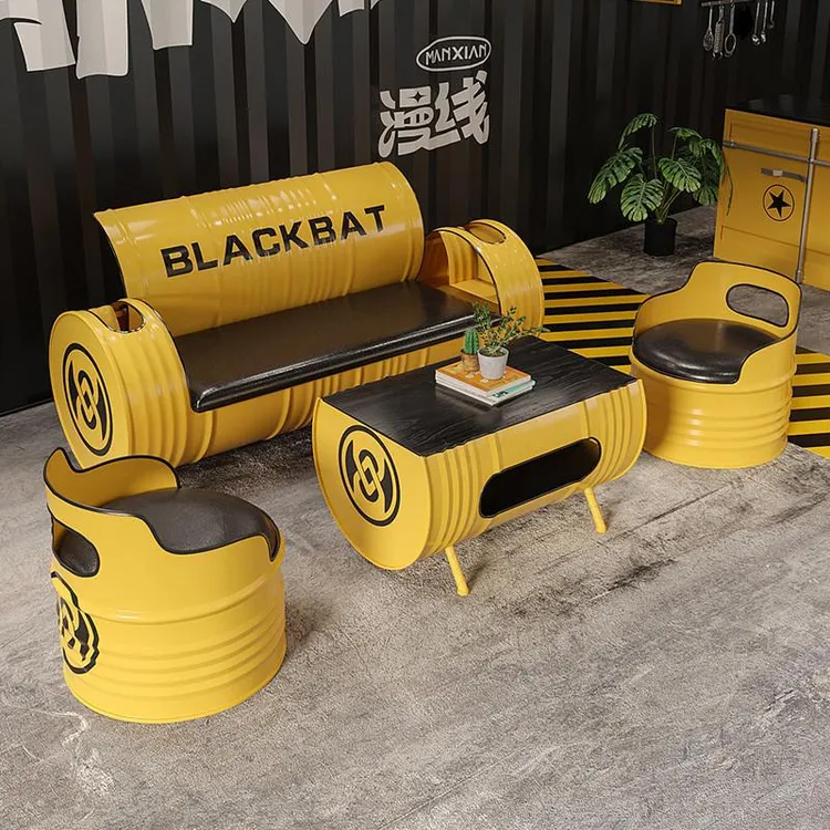 工业风沙发茶几组合网红创意酒吧清吧奶茶店桌椅油桶铁艺卡座直销