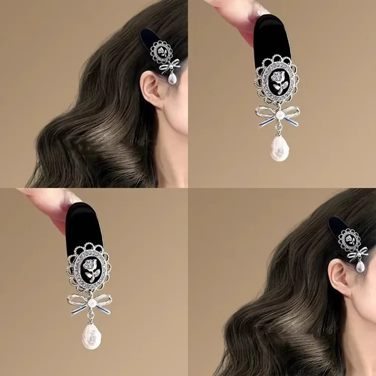 新款法式金属玫瑰花珍珠流苏椭圆发夹女超仙刘海侧边夹碎发夹头饰