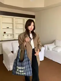 藏蓝格子字母单肩包购物袋 NO.退NO.换