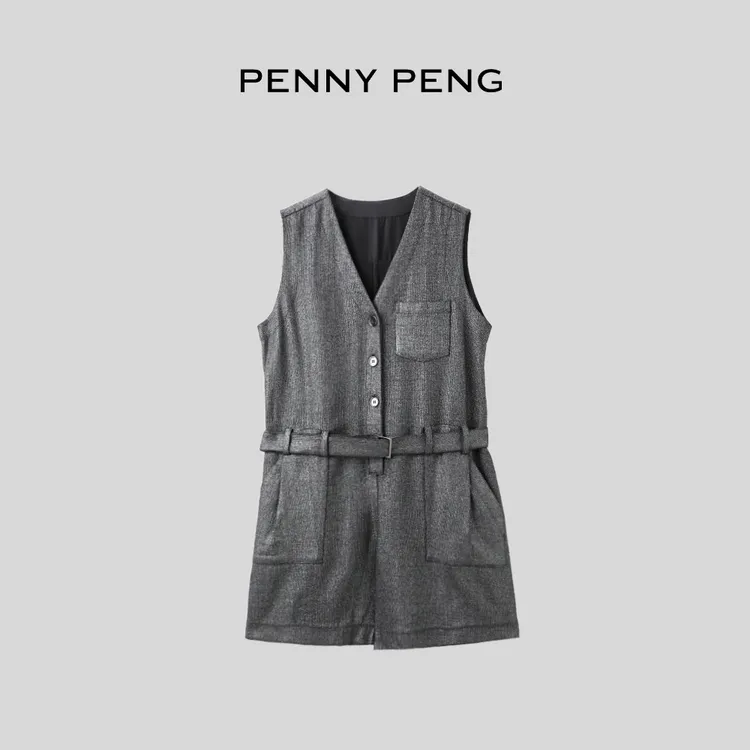 PENNYPENG外滩街头老钱风品质黑灰色小众出行苎麻无袖连体衣裤