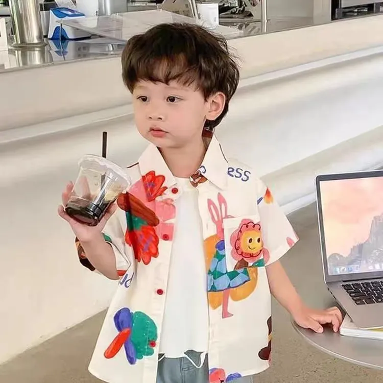 洋气夏日必备童装男童衬衫儿童夏季宝宝短袖上衣薄款花衬衫