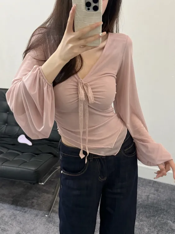 辣妹风韩版长袖褶皱T恤显瘦系带薄款纯欲6839