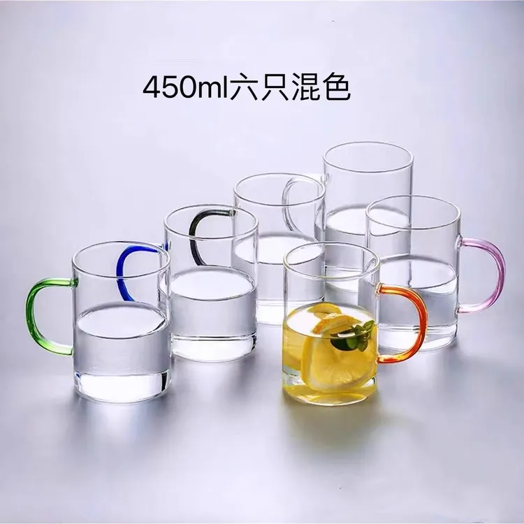 汝晗单层玻璃杯彩把办公室玻璃泡茶杯高硼硅牛奶咖啡水杯大容量