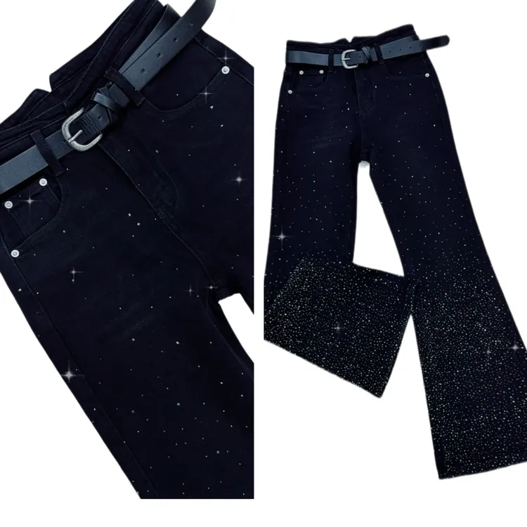 7281春秋冬新款重工欧货烫钻高腰显瘦微喇牛仔裤修身加厚弹力黑色