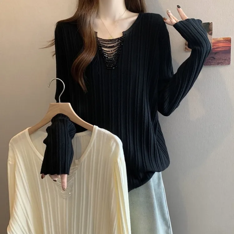 大码胖mm2025秋季新款简约设计感长袖毛针织衫宽松显瘦打底上衣女