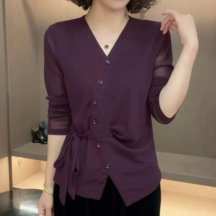 秋季爆款纯色弹力网纱修身光版系带长袖纽扣洋气时尚妈妈装打底衫