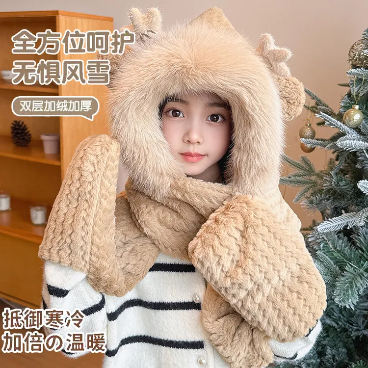 帽子女秋冬季毛绒围脖三件套防风儿童防寒保暖帽卡通可爱男童