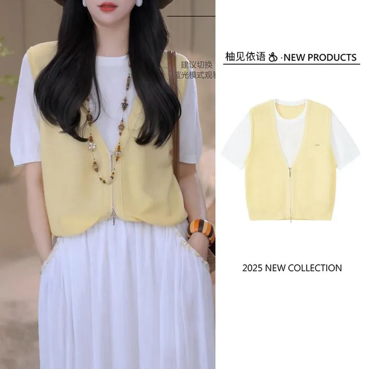 假两件短袖针织衫2025春夏款大码女装洋气减龄慵懒风薄款上衣