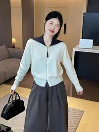 韩系白色海军领拉链针织开衫外套女早秋巨好看设计感外穿长袖上衣