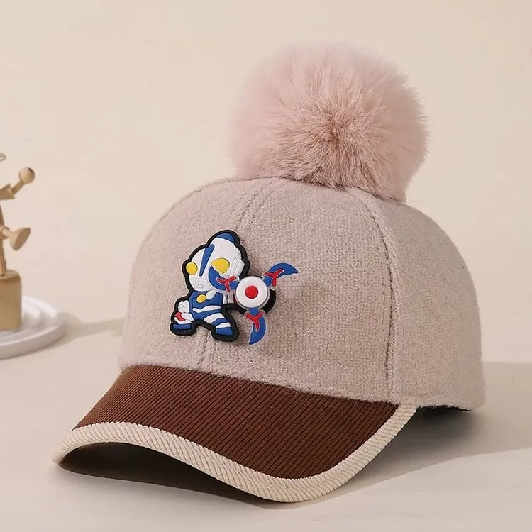 奥特曼儿童帽子秋冬款男童棒球帽女孩鸭舌帽2025新款毛球保暖宝宝