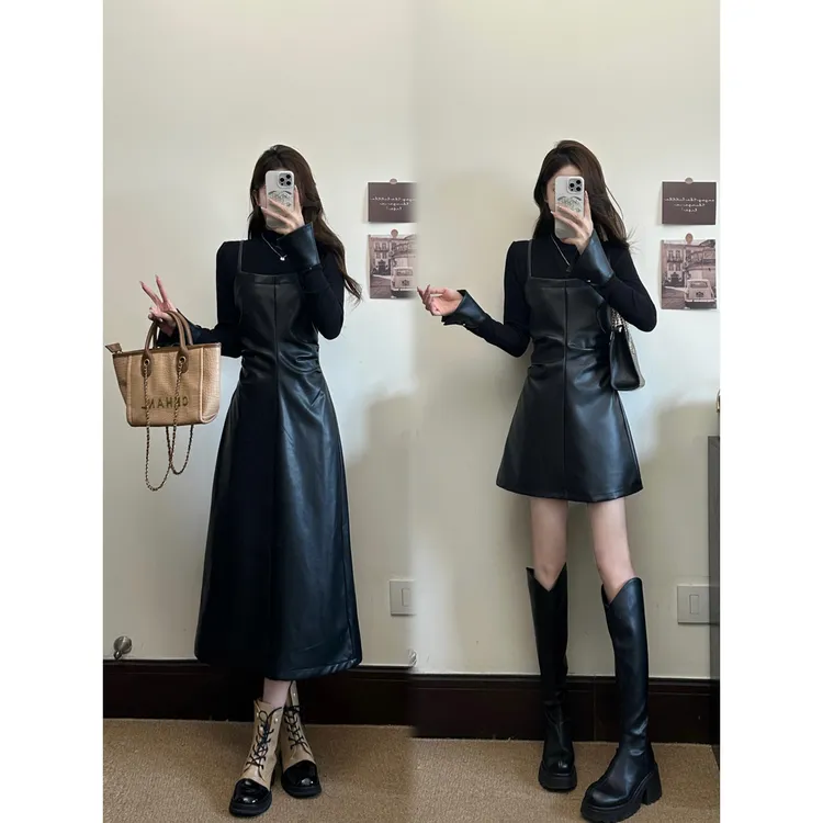 大码女装假两件辣妹气质拼皮收腰显瘦连衣裙胖MM时尚连衣裙