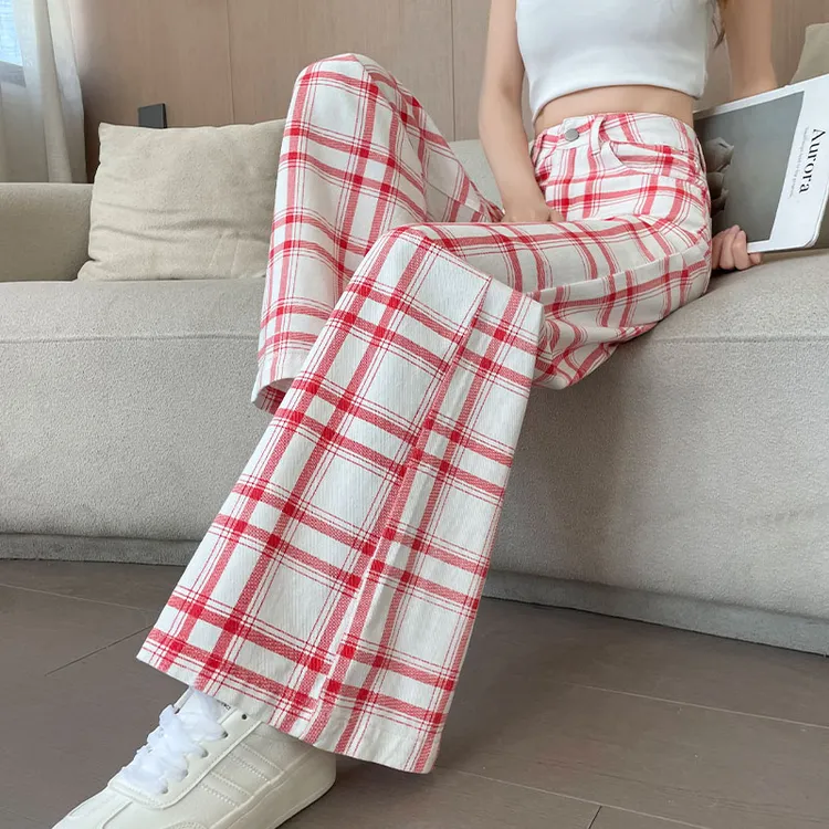 美式复古红白格纹设计牛仔裤女2025夏季新款宽松阔腿拖地长裤子潮