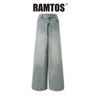 RAMTOS烫钻百搭水洗秋季微弹做旧牛仔裤高腰阔腿裤休闲裤