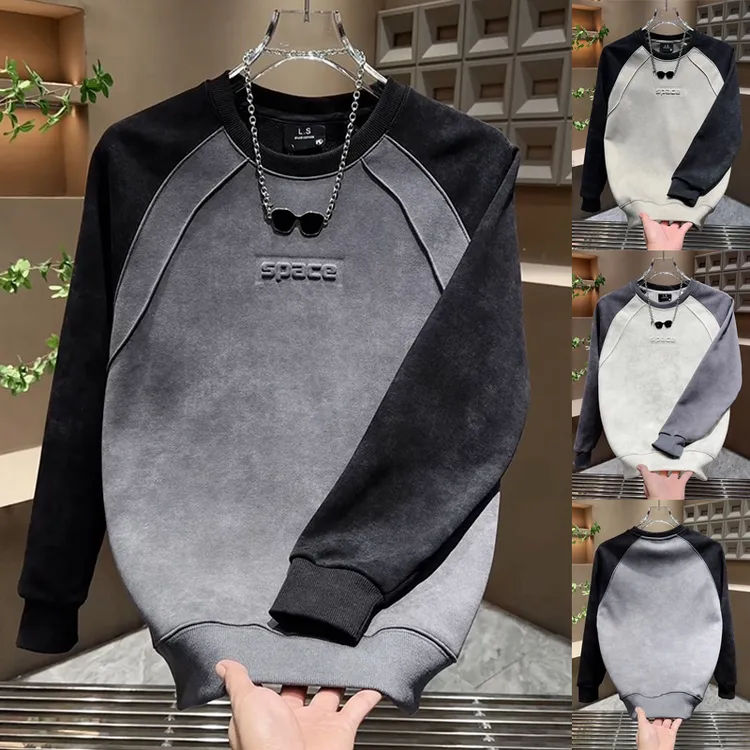 秋冬加绒保暖轻奢长袖衫2025高级感字母印花T恤网红拼色男士卫衣