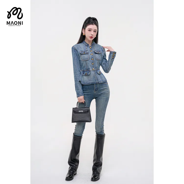 毛妮LADIESFIRST【端庄典雅】美式复古立领收腰牛仔外套秋季L2269