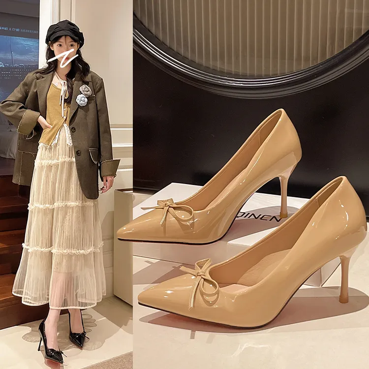 2025秋冬新款法式气质高跟鞋蝴蝶结设计百搭红底尖头细跟御姐单鞋