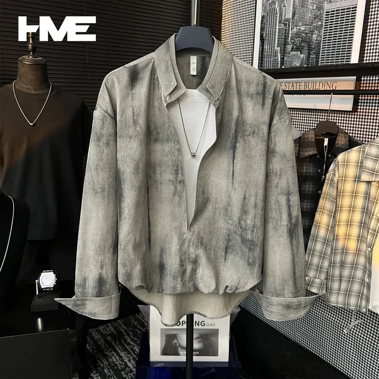 【HMEYAO】【复古旧梦时光印记】原创秋季扎染撞色拼接铆钉假两件衬衣