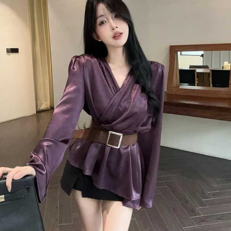复古高级感缎面衬衫不规则气质上衣衬衫女秋冬季收腰显瘦气质上衣