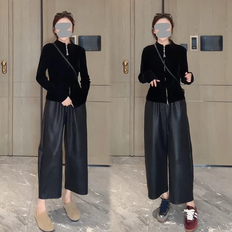 韩版通勤时尚套装女2025年春秋新款丝绒卫衣外套皮裤阔腿裤两件套