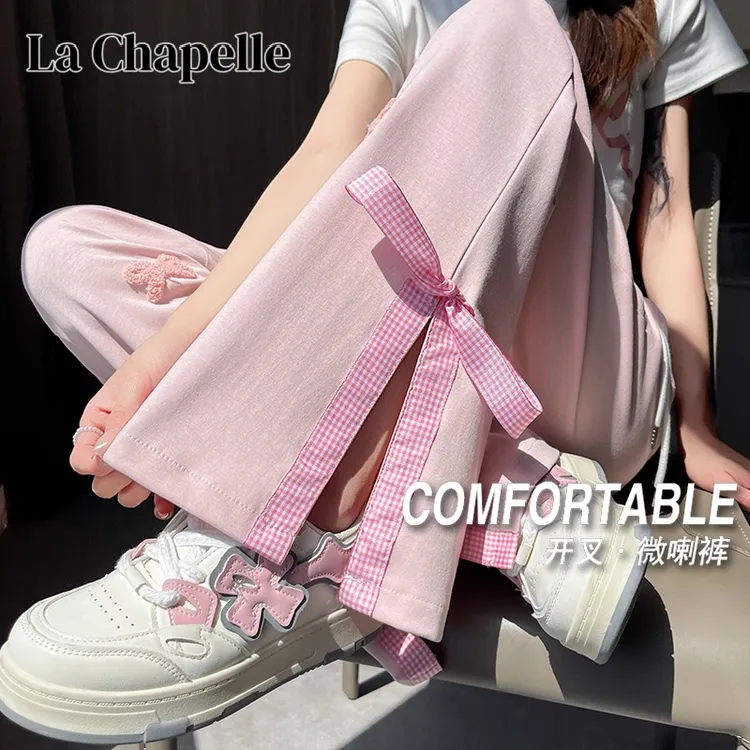 拉夏贝尔甜辣风蝴蝶结开叉微喇裤女夏季新款时尚绑带设计感休闲裤