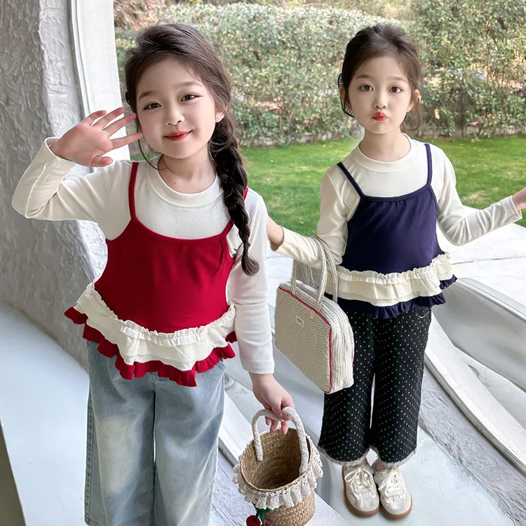 女童夏装6-12岁潮款高级感儿童套装童装服装秋季衣服&假两件长袖