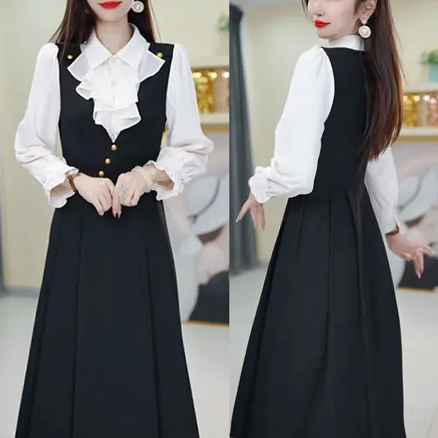 大码时尚显瘦假两件西装拼接连衣裙2025秋季新款设计长袖中长裙子