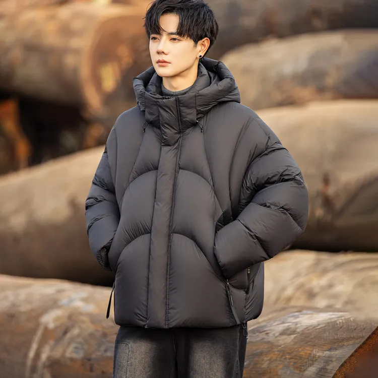 冬季高蓬松加厚男士羽绒服百搭设计感连帽面包服90白鸭绒冬装外套